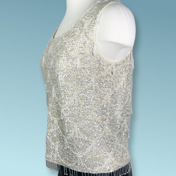 1960's Iridescent Sequined and Beaded Knit Camisole Sweater Top - Zipper Back - Picture 4 of 6